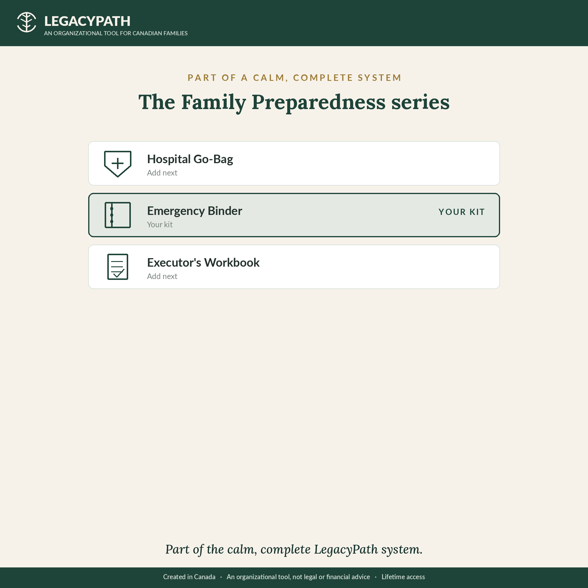Part of the calm, complete LegacyPath Family Preparedness series