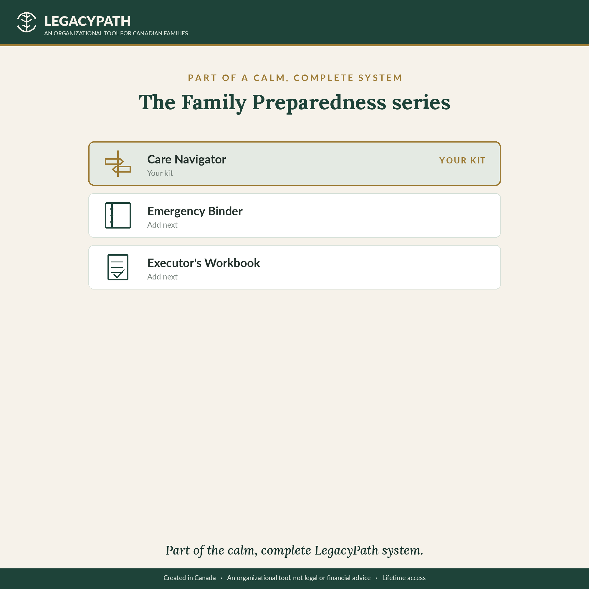 Part of the calm, complete LegacyPath Family Preparedness series