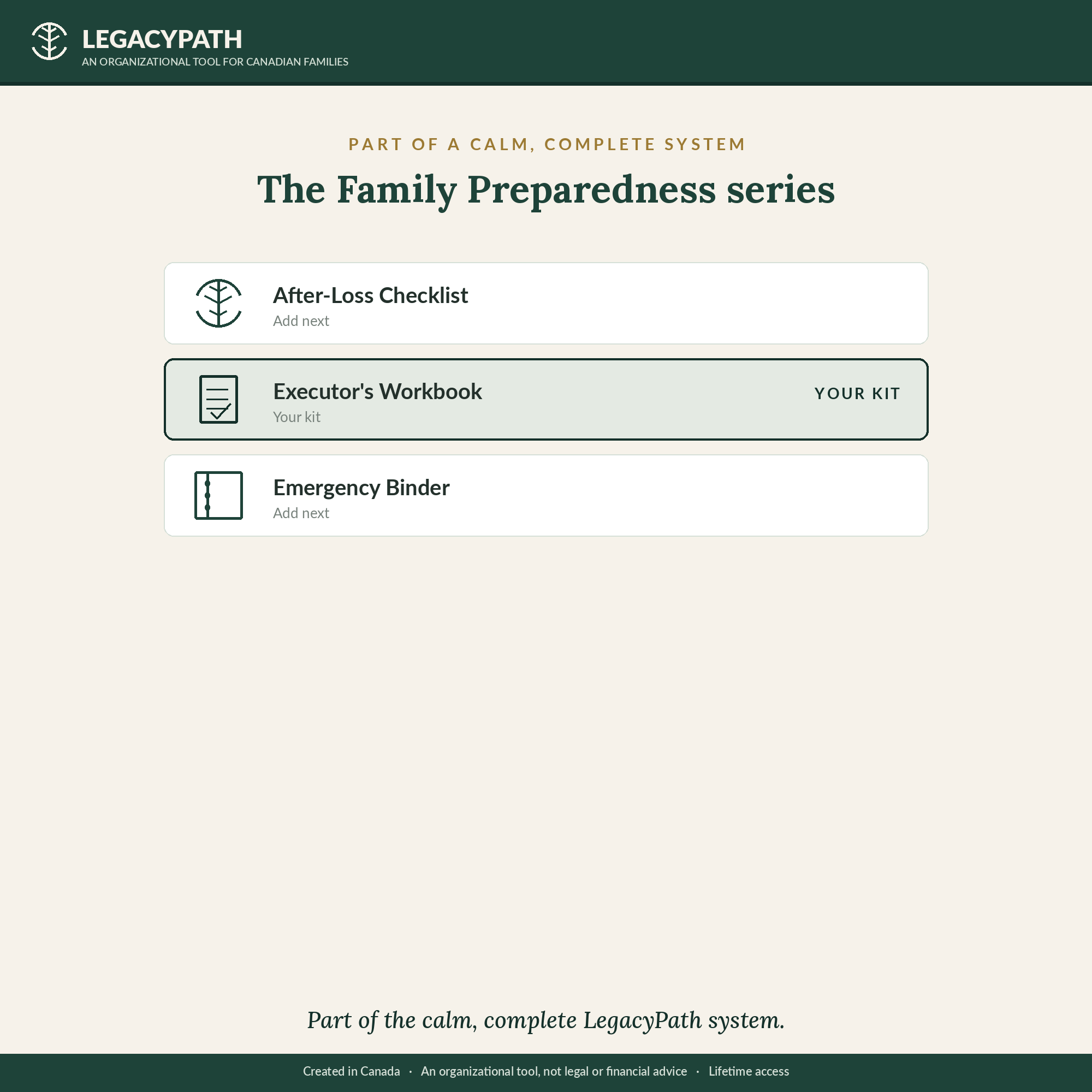 Part of the calm, complete LegacyPath Family Preparedness series