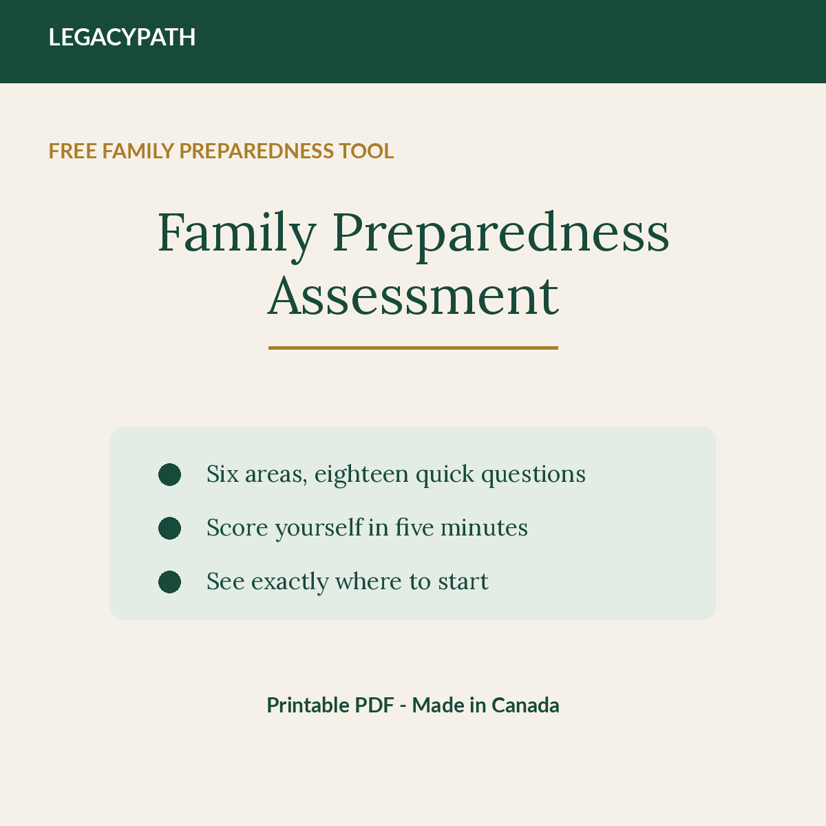 LegacyPath Free Family Preparedness Assessment printable Canadian guide cover